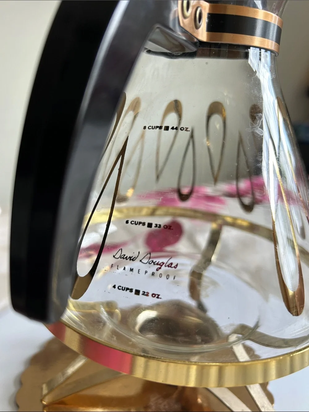 Vintage David Douglas 8-cup glass carafe with candleflame warmer
